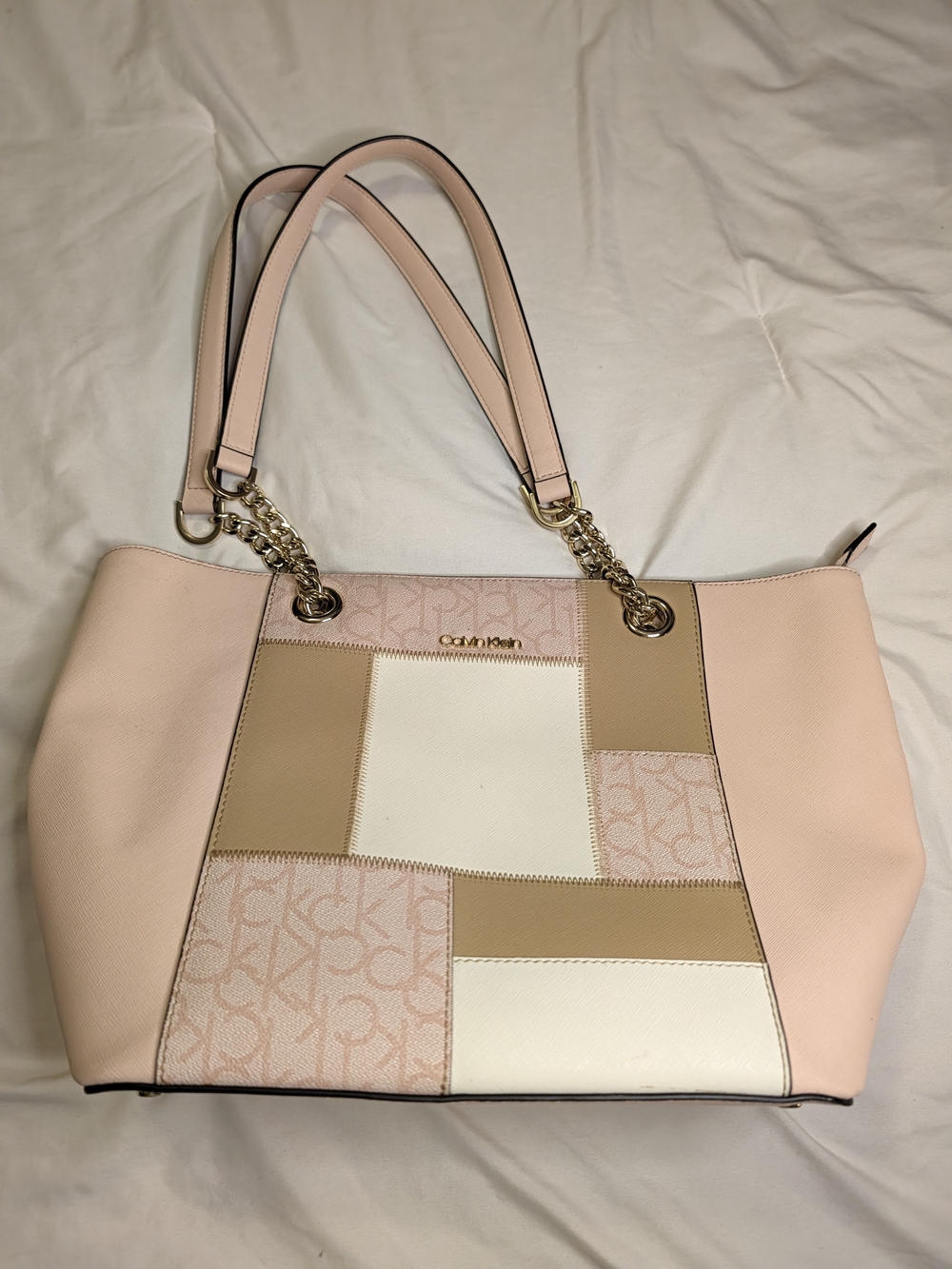 Calvin Klein Pink Patchwork Tote with Gold Chain Accents